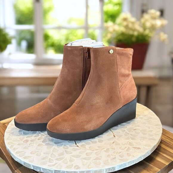 Vionic Skylar Orthotic Wedge Ankle Boots 7 WIDE Cognac Suede Comfort Zip Booties - Picture 2 of 12